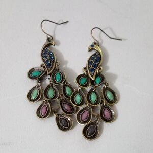 Peacock Dangle Earrings with Multicolor Accents